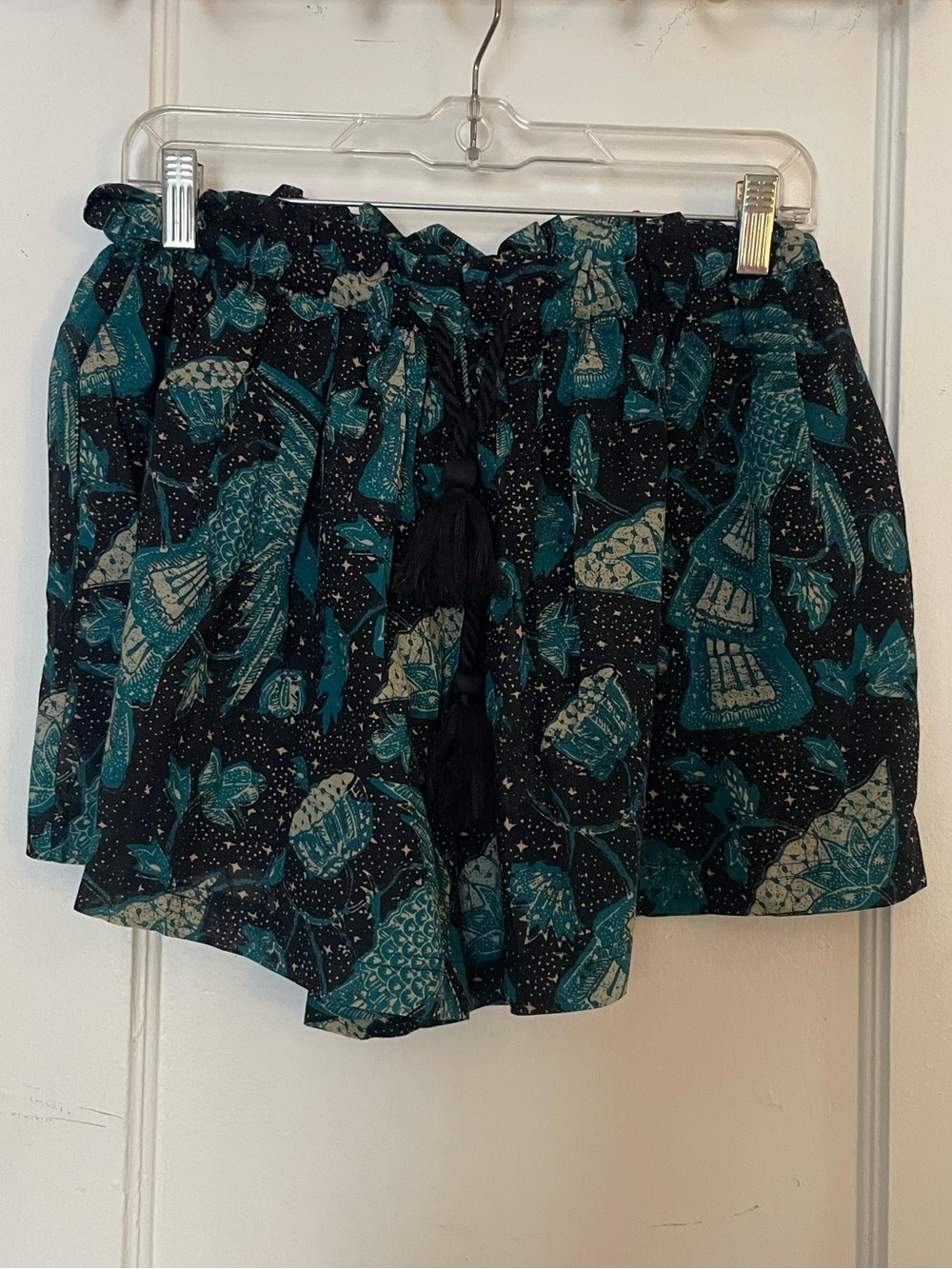 Ulla Johnson Teal and Black Floral Drawstring High-Waist Shorts
